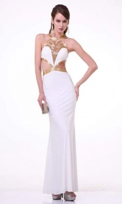 Formal Gowns Cinderella Divine - J735 Sheer Beaded Halter Midriff Cutout Dress