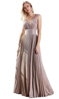 Cinderella Divine - J9459 Pleated Metallic Glitter A-Line Gown