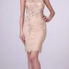 Cinderella Divine - JC3455 Sequined Lace Illusion Halter Sheath Dress