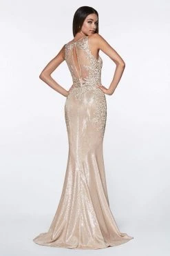 Formal Gowns Cinderella Divine - Jeweled Floral Plunging Metallic Mermaid Gown CJ504 - 1 Pc Champagne In Sizes 6 Available