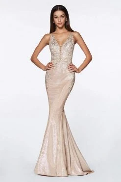 Formal Gowns Cinderella Divine - Jeweled Floral Plunging Metallic Mermaid Gown CJ504 - 1 Pc Champagne In Sizes 6 Available