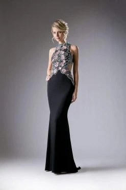 Formal Gowns Cinderella Divine - KC1799 Floral Applique Beaded Jersey Evening Gown