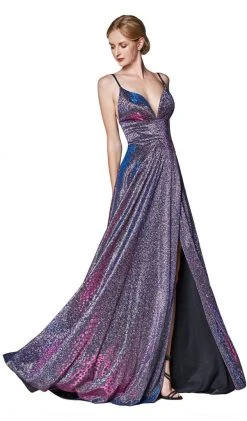 Cinderella Divine - KC878 Deep V-neck A-line Dress With Slit Formal Gowns