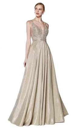 Cinderella Divine - KC879 Ornate Metallic Banded Glitter A-Line Gown