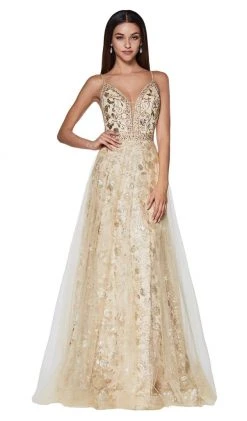 Cinderella Divine - KC888 Sleeveless Sheer Plunging Neck Glitter Gown