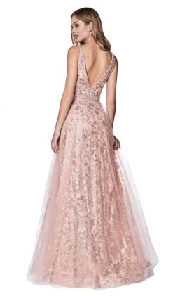 Cinderella Divine - KC888 Sleeveless Sheer Plunging Neck Glitter Gown