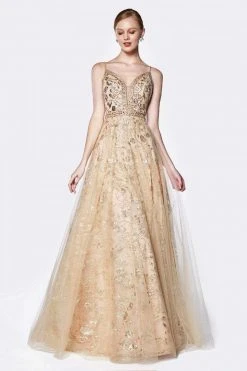 Cinderella Divine - KC888 Sleeveless Sheer Plunging Neck Glitter Gown
