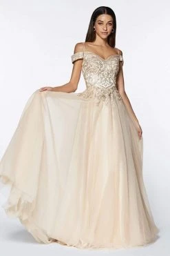 Cinderella Divine - KV1032 Beaded Off-Shoulder A-Line Gown