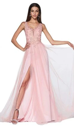 Formal Gowns Cinderella Divine - KV1040 Embroidered Lace High Slit A-Line Gown