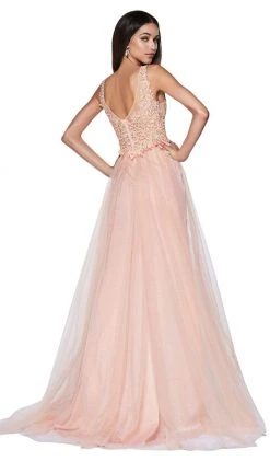 Formal Gowns Cinderella Divine - KV1040 Embroidered Lace High Slit A-Line Gown