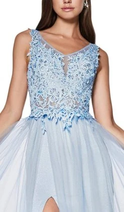 Formal Gowns Cinderella Divine - KV1040 Embroidered Lace High Slit A-Line Gown