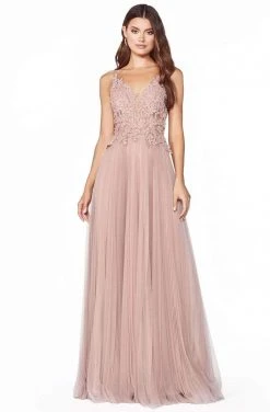 Cinderella Divine - Lace Appliqued V-Neck Long Dress CJ536 - 1 Pc Dusty Rose In Size 6 Available Formal Gowns