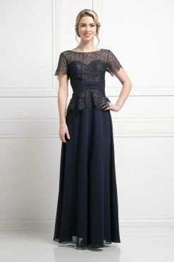 Formal Gowns Cinderella Divine - Lace Short Sleeve Illusion Bateau Sheath Dress
