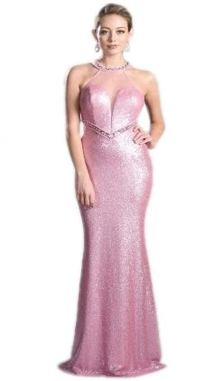 Cinderella Divine - Long Sequined Halter Sheath Prom Dress