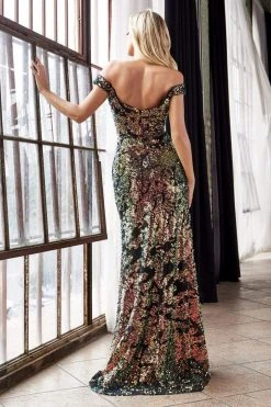Formal Gowns Cinderella Divine - Long Sequined Off Shoulder Trumpet Dress CF348 - 1 Pc Gold-Black In Size S Available