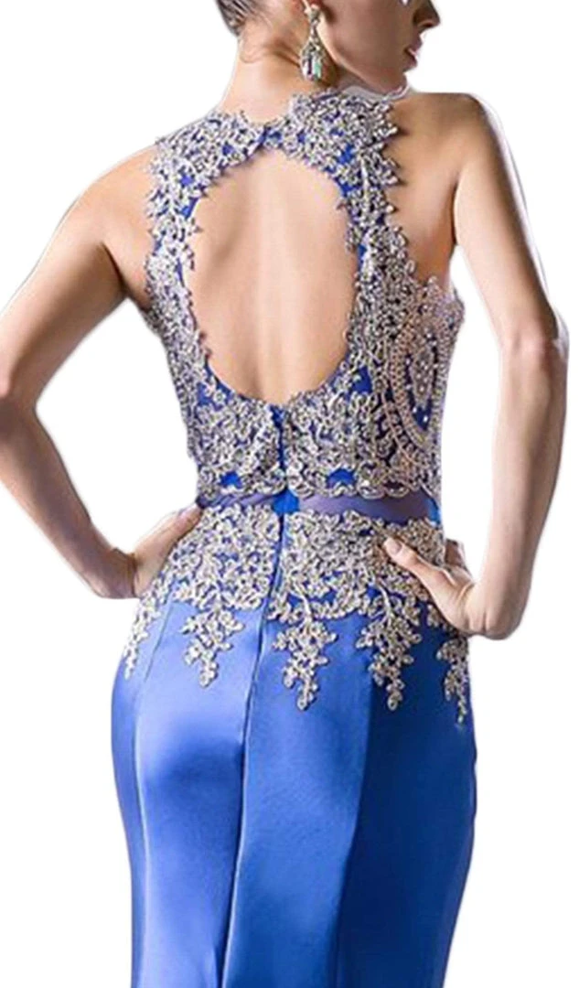 Cinderella Divine - Metallic Lace Adorned High Neck Mermaid Evening Gown Formal Gowns 6 Cinderella Divine - Metallic Lace Adorned High Neck Mermaid Evening Gown Formal Gowns