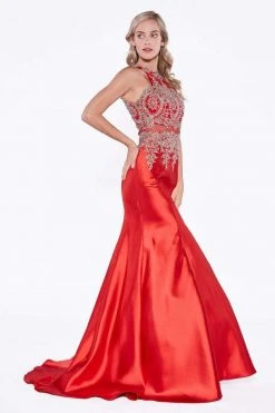 Cinderella Divine - Metallic Lace Adorned High Neck Mermaid Evening Gown Formal Gowns 27 Cinderella Divine - Metallic Lace Adorned High Neck Mermaid Evening Gown Formal Gowns