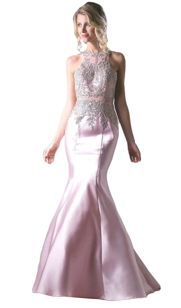 Cinderella Divine - Metallic Lace Adorned High Neck Mermaid Evening Gown Formal Gowns 8 Cinderella Divine - Metallic Lace Adorned High Neck Mermaid Evening Gown Formal Gowns