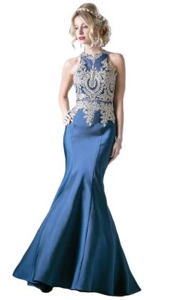 Cinderella Divine - Metallic Lace Adorned High Neck Mermaid Evening Gown Formal Gowns 22 Cinderella Divine - Metallic Lace Adorned High Neck Mermaid Evening Gown Formal Gowns