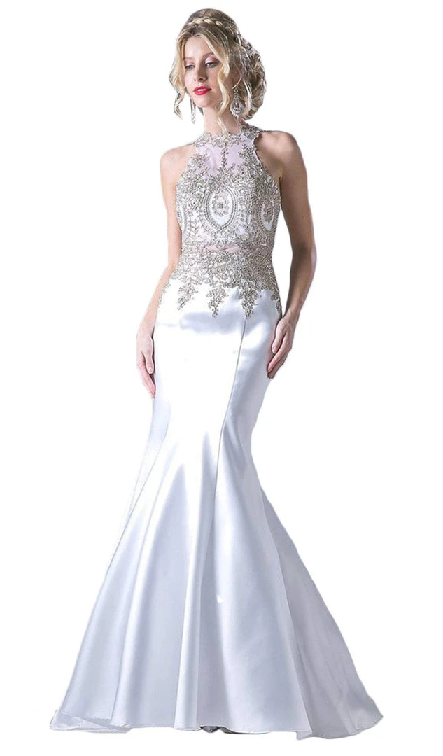 Cinderella Divine - Metallic Lace Adorned High Neck Mermaid Evening Gown Formal Gowns 12 Cinderella Divine - Metallic Lace Adorned High Neck Mermaid Evening Gown Formal Gowns