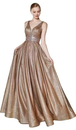 Cinderella Divine - Metallic Plunging V-Neck Evening Gown CJ505 - 1 Pc Copper In Size 10 Available Formal Gowns