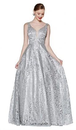Cinderella Divine - ML929 Floral Glitter Plunging V-Neck Gown Formal Gowns