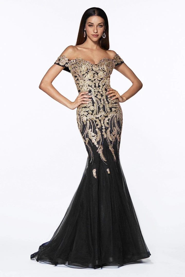Cinderella Divine - Off Shoulder Beaded Lace Tulle Mermaid Gown KV1035 - 1 Pc Black/Gold In Size 6 Available 4 Cinderella Divine - Off Shoulder Beaded Lace Tulle Mermaid Gown KV1035 - 1 Pc Black/Gold In Size 6 Available