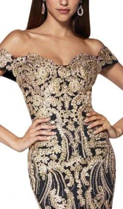 Cinderella Divine - Off Shoulder Beaded Lace Tulle Mermaid Gown KV1035 - 1 Pc Black/Gold In Size 6 Available 8 Cinderella Divine - Off Shoulder Beaded Lace Tulle Mermaid Gown KV1035 - 1 Pc Black/Gold In Size 6 Available
