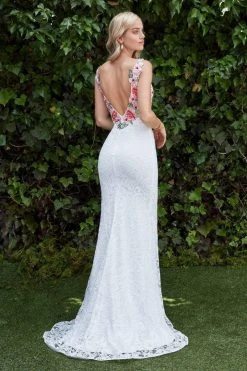 Cinderella Divine - P207 Floral Applique Lace Sheath Gown Formal Gowns