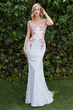 Cinderella Divine - P207 Floral Applique Lace Sheath Gown Formal Gowns