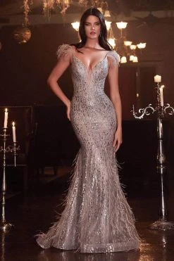 Cinderella Divine - Plunging Feathered Evening Dress CB088 - 1 Pc Silver In Size 20 Available