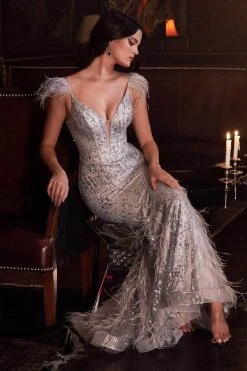 Cinderella Divine - Plunging Feathered Evening Dress CB088 - 1 Pc Silver In Size 20 Available