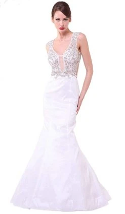 Formal Gowns Cinderella Divine - Plunging Illusion Notched Embellished Evening Gown
