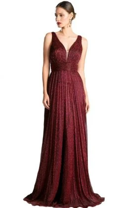 Cinderella Divine - Plunging V-Neck Shirr-Ornate A-Line Evening Gown Formal Gowns