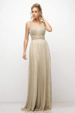 Cinderella Divine - Plunging V-Neck Shirr-Ornate A-Line Evening Gown Formal Gowns
