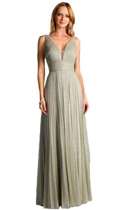 Cinderella Divine - Plunging V-Neck Shirr-Ornate A-Line Evening Gown Formal Gowns