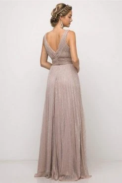 Cinderella Divine - Plunging V-Neck Shirr-Ornate A-Line Evening Gown Formal Gowns