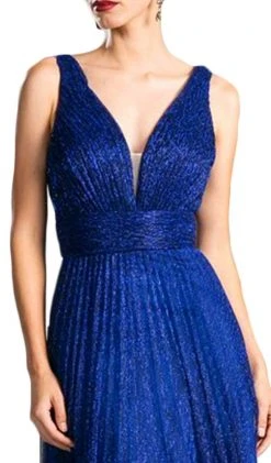 Cinderella Divine - Plunging V-Neck Shirr-Ornate A-Line Evening Gown Formal Gowns