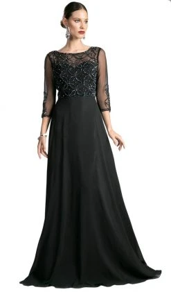 Formal Gowns Cinderella Divine - KD026 Quarter-Length Sleeves Beaded Chiffon Evening Gown