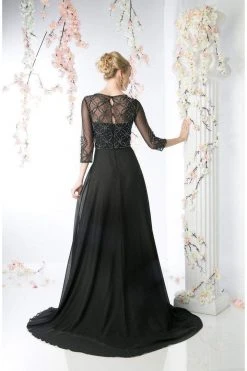 Formal Gowns Cinderella Divine - KD026 Quarter-Length Sleeves Beaded Chiffon Evening Gown
