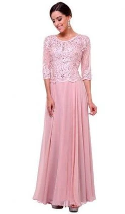 Cinderella Divine - Quarter Sleeve Soutache Bodice A-Line Long Formal Dress 14327 Formal Gowns