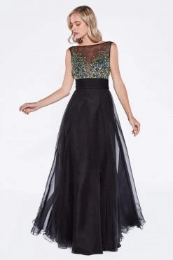Formal Gowns Cinderella Divine - Rhinestone Embellished Sheer Chiffon Evening Dress