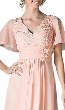 Cinderella Divine - Rosette Accented Ruched V-neck A-line Dress Formal Gowns