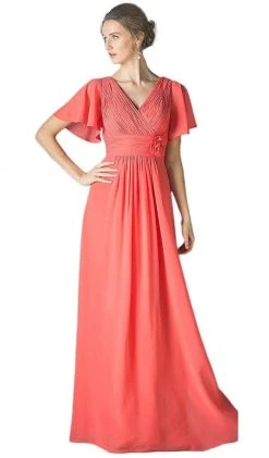 Cinderella Divine - Rosette Accented Ruched V-neck A-line Dress Formal Gowns