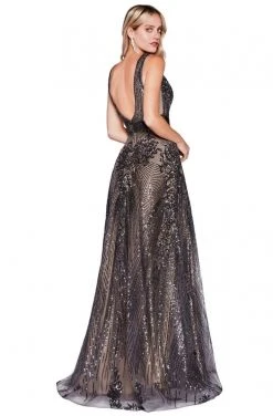 Cinderella Divine - Sequined Deep V-neck A-line Gown CD09 - 1 Pc Dark Silver In Size 6 Available