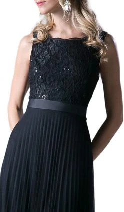 Cinderella Divine - Sequined Lace Bateau Pleated A-line Dress