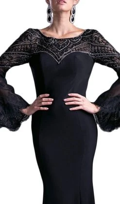 Formal Gowns Cinderella Divine - 71435 Sheer Long Bell Sleeves Sheath Evening Gown