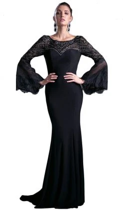 Formal Gowns Cinderella Divine - 71435 Sheer Long Bell Sleeves Sheath Evening Gown