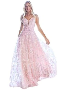 Cinderella Divine - Sheer Plunged Neck Sequin Scroll Print Gown CB055 - 1 Pc Blue In Size 6 Available