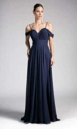 Cinderella Divine - Shirred Plunging Sweetheart Cold Shoulder Chiffon Gown Formal Gowns